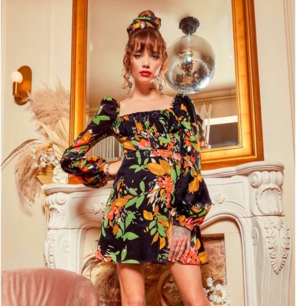 Autumn Adeigbo Catira Mini Dress Floral Black Long Sleeve Womens Size 4 New